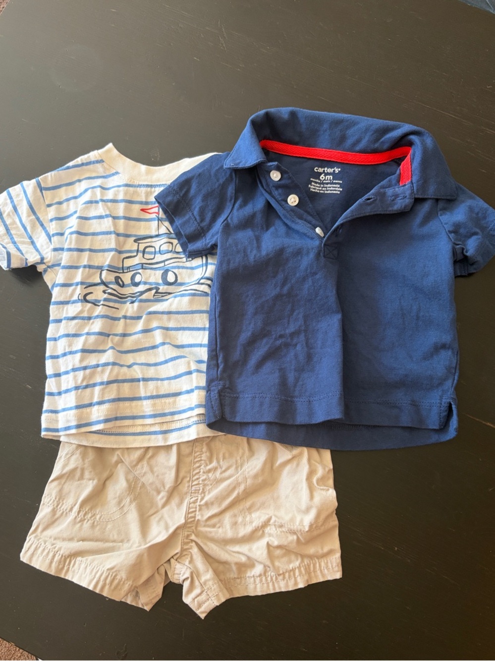Carter's Navy Polo, White Striped Tee & Khaki Shorts Set